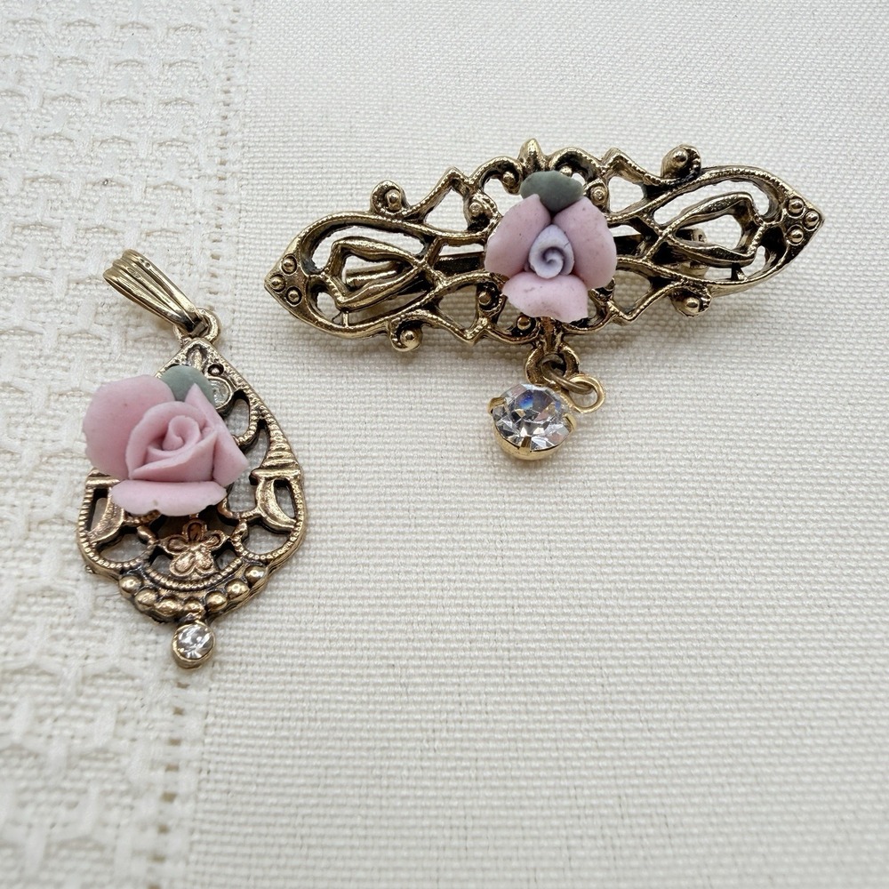 Set of 1928 Bisque Porcelain Rose Jewelry Pendant & Brooch Victorian Revival
